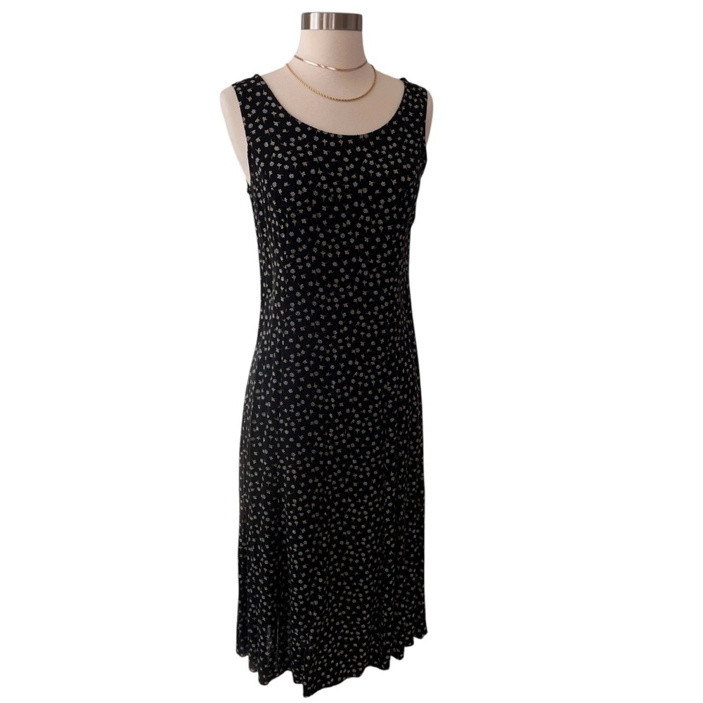Vintage 80s midi tank dress black shabby chic ditzy floral rayon S - Picture 2 of 14